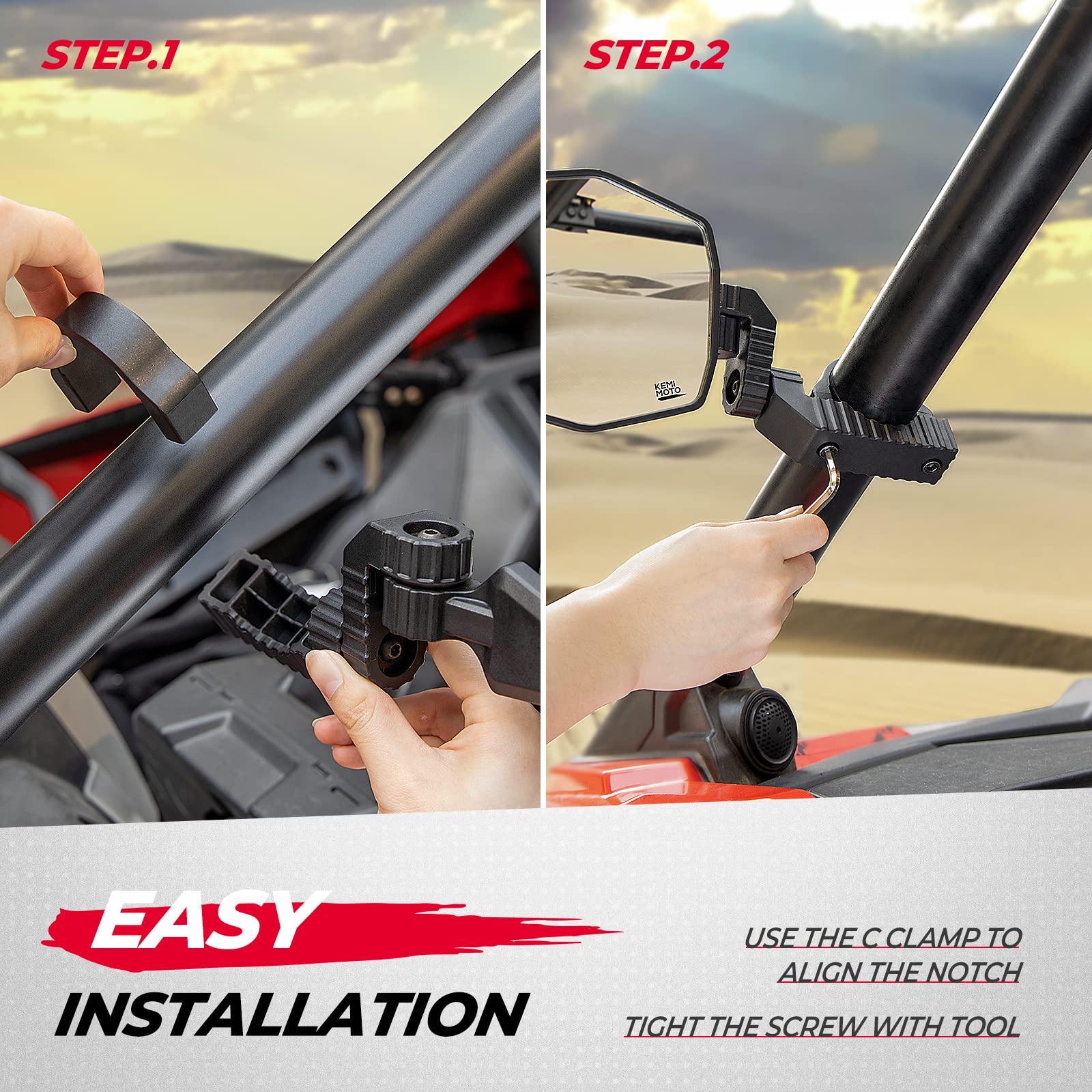 UTV Side Mirrors Fit 1.65"-2" Roll bar for RZR/ X3/ Pioneer/ Talon/ Kawasaki/ CFMOTO (1 pair) - Image 5