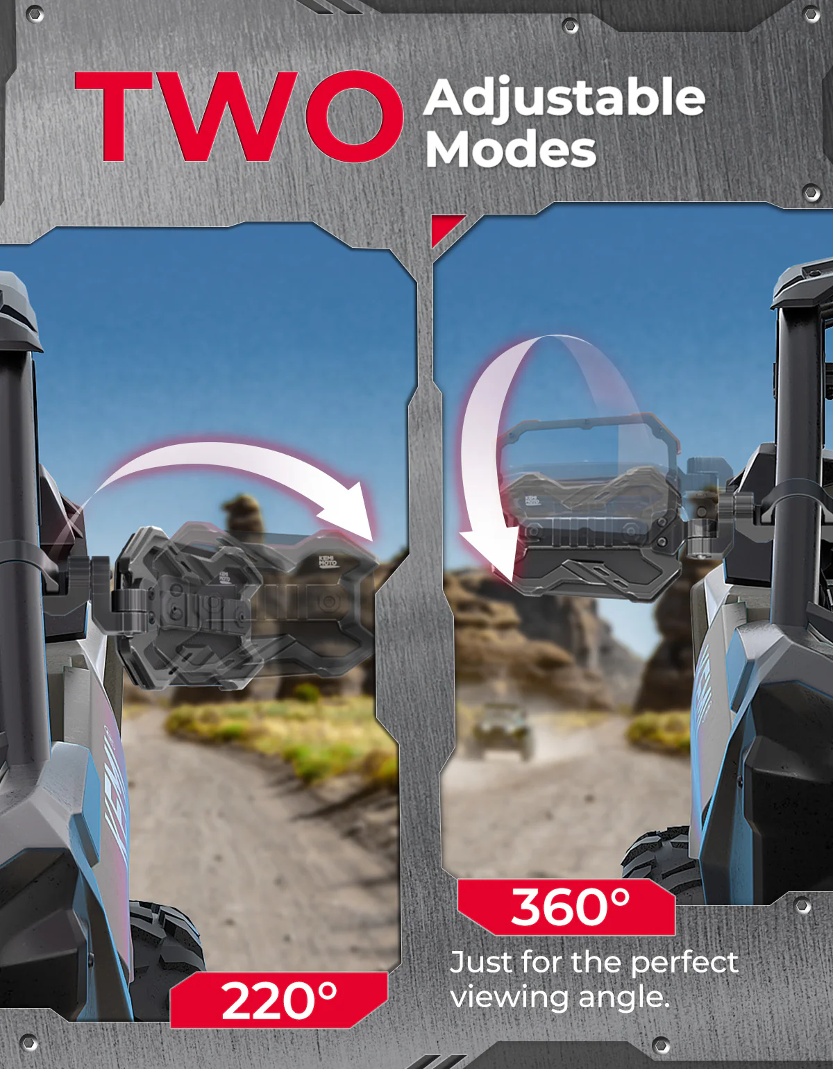 CNC UTV Mirror X w/Integrated light mount for 1.65-2 Inch Roll Bar (1 Pair) - Image 4