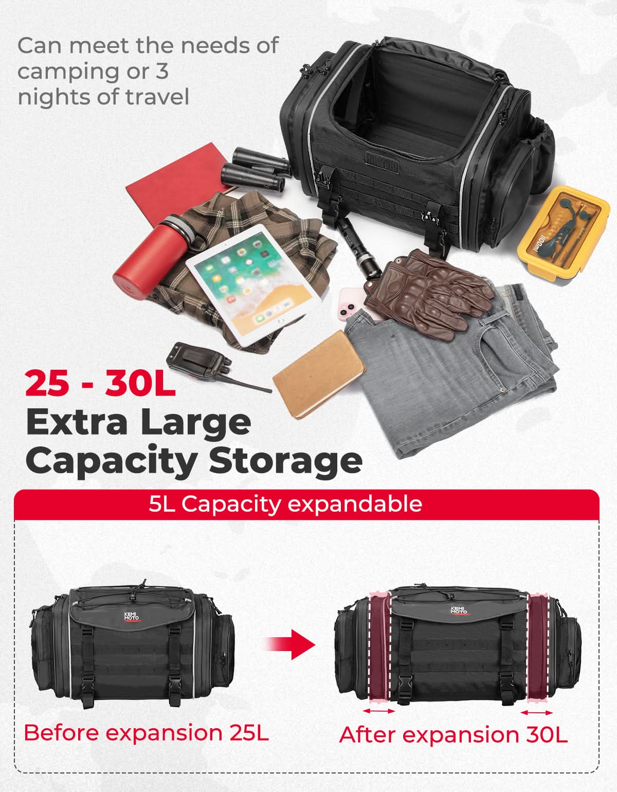 Motorcycle Travel Luggage Bags, 23L-30L Expandable Tail Bag - Image 3