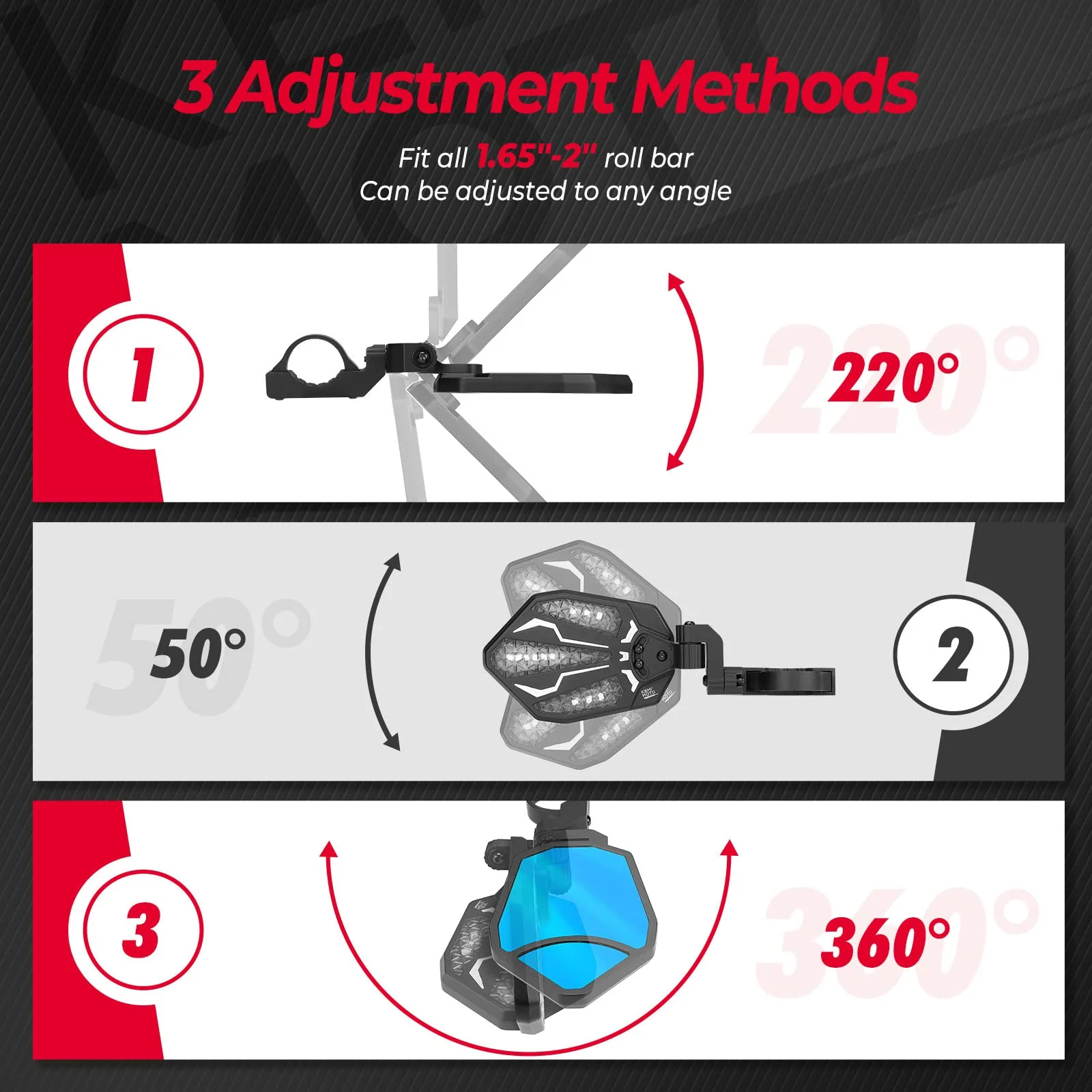 Aluminium RGB UTV Side Mirrors for Can Am Maverick X3/ RZR w/ 1.6"-2" Roll Bar (1 pair) - Image 4