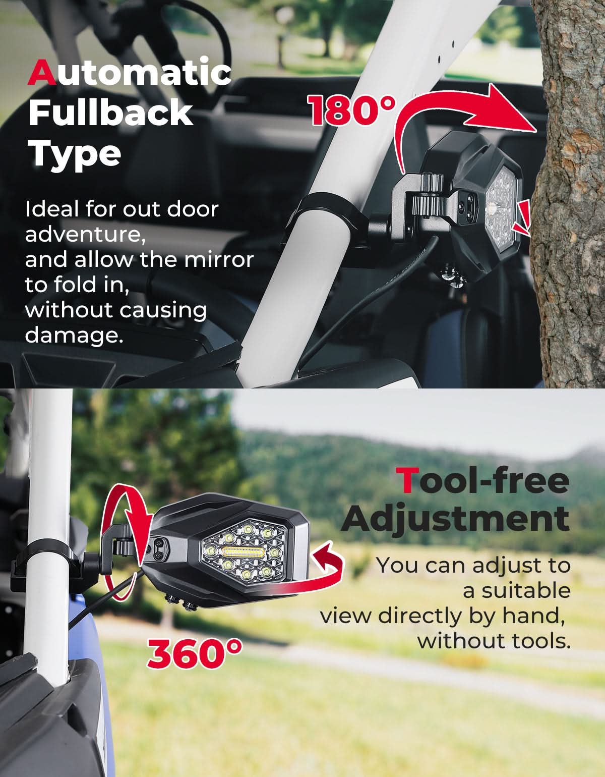 UTV LED Lighted Side Mirrors with Flowing Turn Signal for Polaris RZR/ 1.6"-2" Roll Bar - Image 3