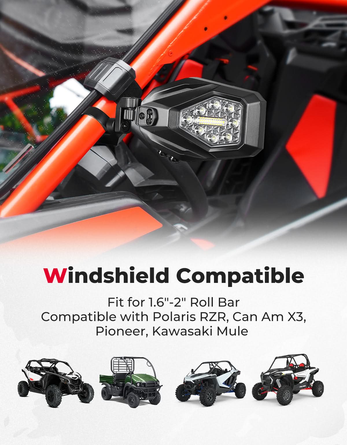 UTV LED Lighted Side Mirrors with Flowing Turn Signal for Polaris RZR/ 1.6"-2" Roll Bar - Image 4