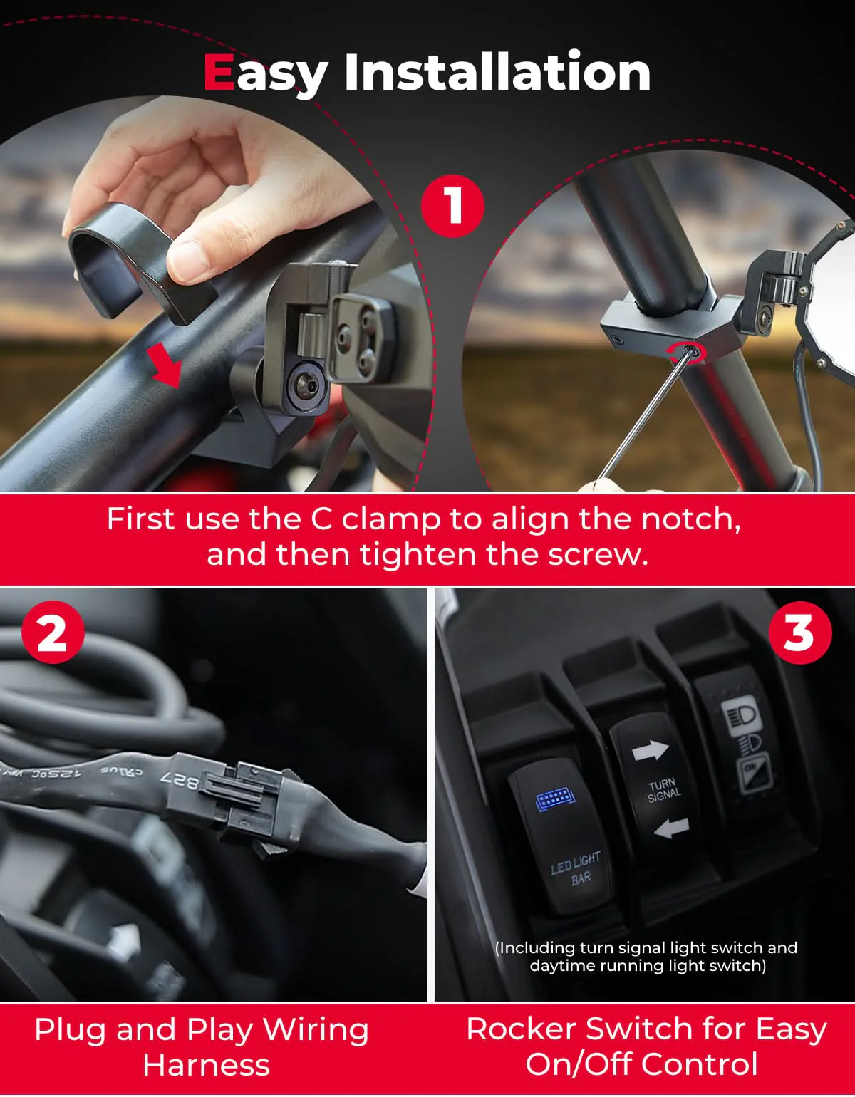 UTV LED Lighted Side Mirrors with Flowing Turn Signal for Polaris RZR/ 1.6"-2" Roll Bar - Image 6