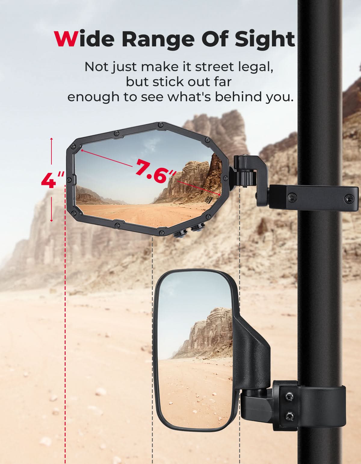 UTV LED Lighted Side Mirrors with Flowing Turn Signal for Polaris RZR/ 1.6"-2" Roll Bar - Image 5