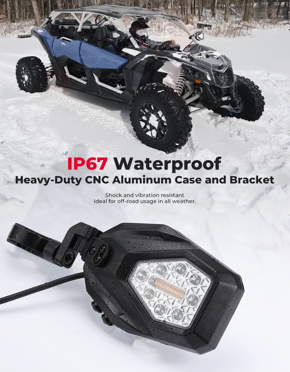 UTV LED Lighted Side Mirrors with Flowing Turn Signal for Polaris RZR/ 1.6"-2" Roll Bar - Image 7