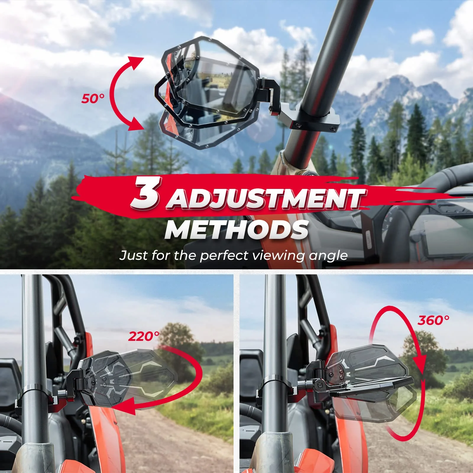 CNC Aluminum UTV Side Mirrors for 1.6"-2" Roll Bar - Image 3