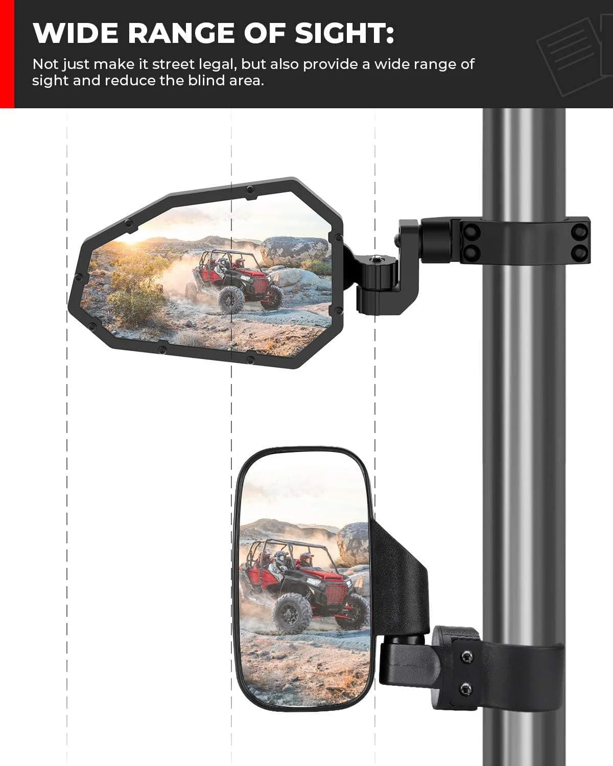 UTV Rear View Side Mirrors for Can Am Maverick X3/ RZR w/ 1.75"-2" roll bar (1 pair) - Image 6